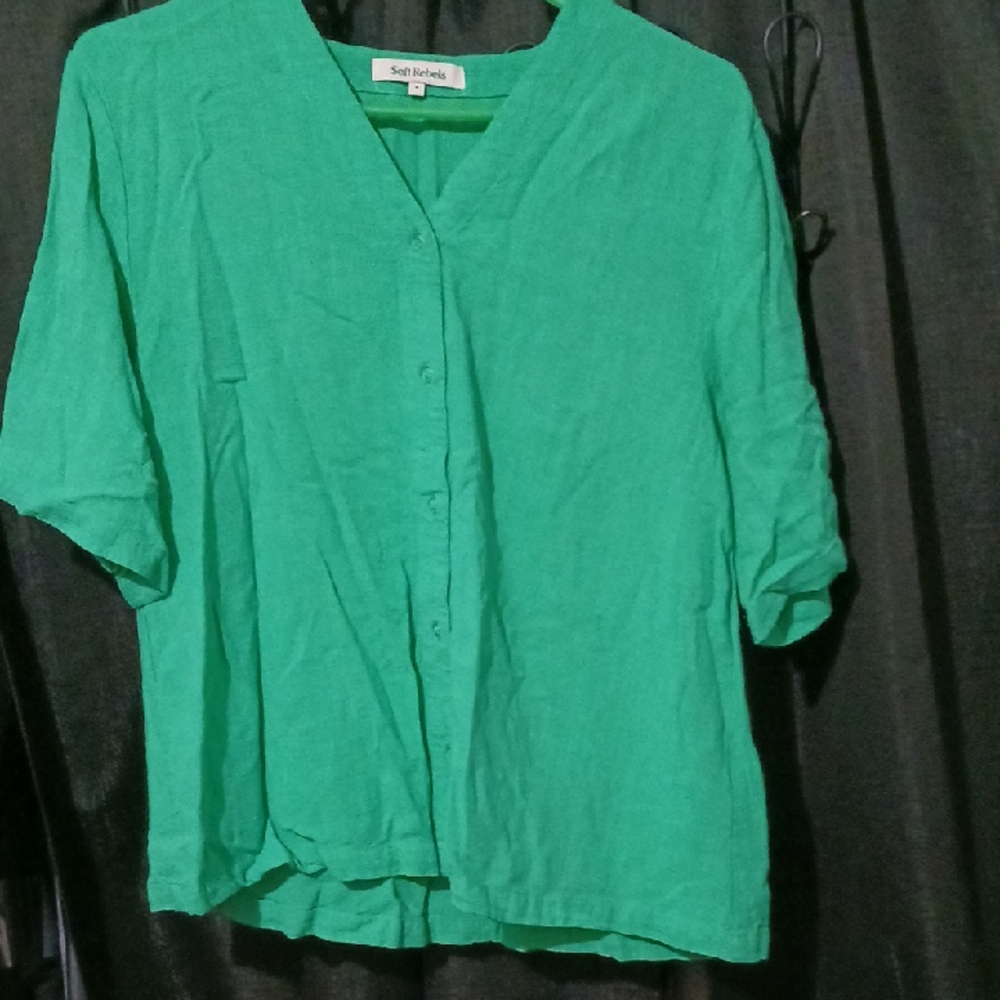 Rebels Green Button Down Shirt with Cuffed Sleeves and Mandarin Collar